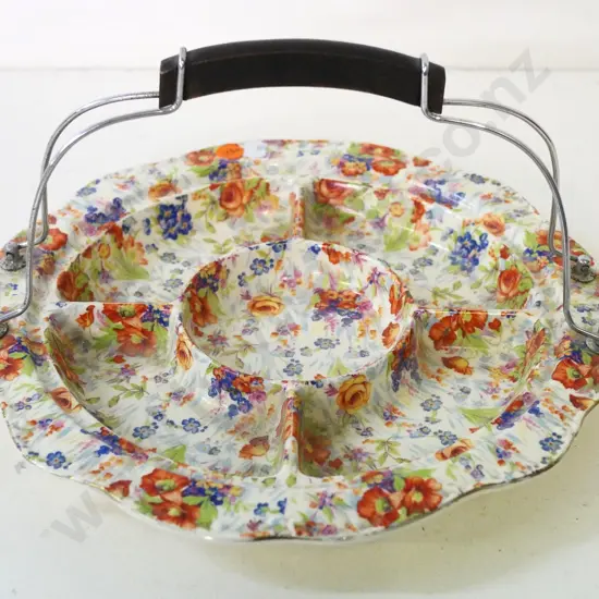 deco English china all-over-floral chintz pattern segmented dish with metal and timber handle H-170 D-270
