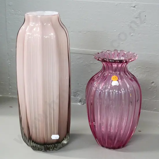 2 pink glass vases - taller is white lined, H-320