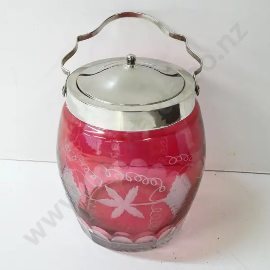 ruby & clear cut and etched glass biscuit barrel with plated mount H-190