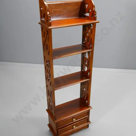 reproduction mahogany  open-top display cabinet with fretted sides, 2 drawers H-1100 W-350 D-160