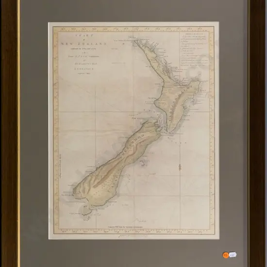 framed reproduction vintage map of New Zealand 1772 H-500 W-380