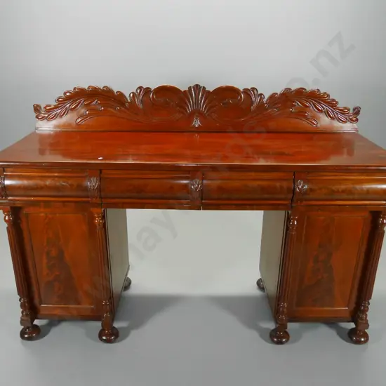 large mahogany flame veneer front heavily carved sideboard, 4 drawer, 2 door, bun feet, lockable w/key H1200 W1780 D600