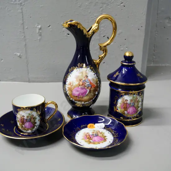 4 pieces cobalt and gold romance scene Limoges - jug is H-200