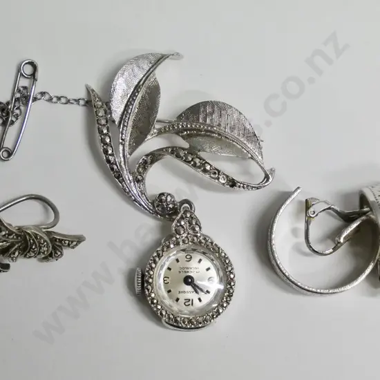 marcasite brooch watch, pair clip on earrings & single marcasite clip on earring