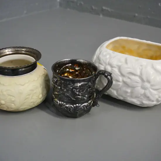 Locke sterling silver mounted vase, small Sylvac trough vase H-100, and a plated figured mug Made in USA