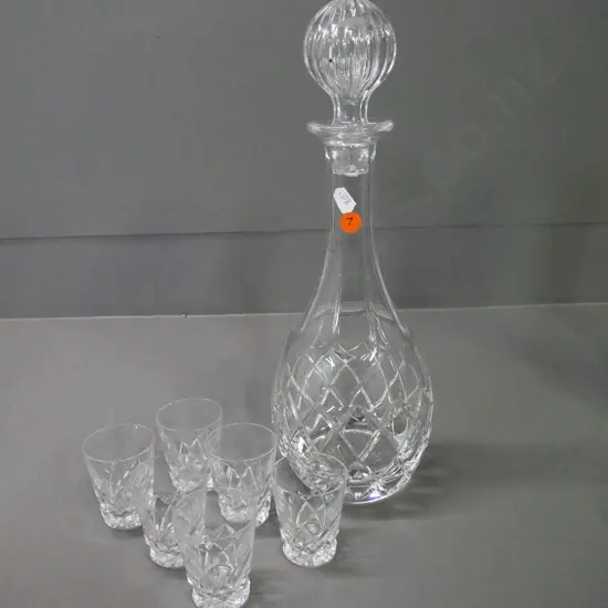 cut crystal items - stoppered decanter H-360 and 6 small tumblers