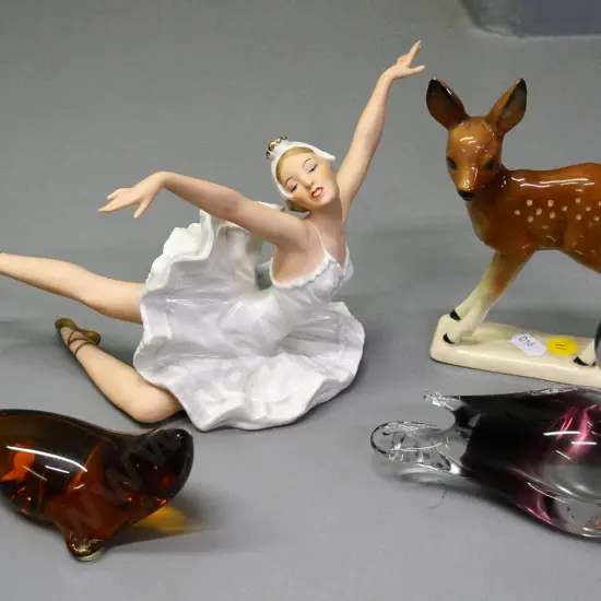 2 glass animal figures, one marked Murano, German ballet dancer H-130 L-230 and fawn figures
