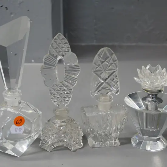 4 glass stoppered scent bottles - 2 are vintage, tallest has tiny chip to stopper, is H-180