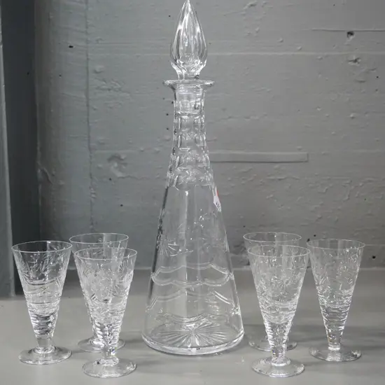 Webb Corbett cut crystal sherry stoppered decanter and 6 glass set H-340