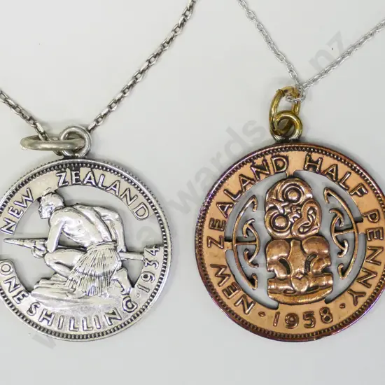 half penny cut out pendant, chain stamped 925, and a one shilling cut out pendant, chain stamped sterllng