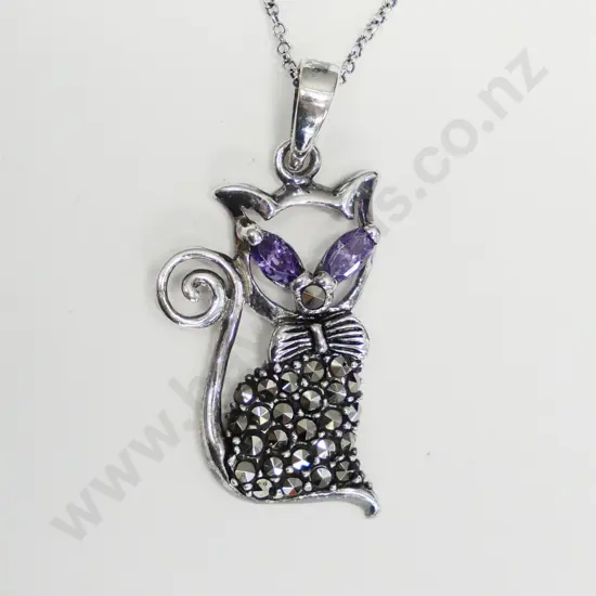 marcasite cat with amethyst eyes necklace chain stamped 925