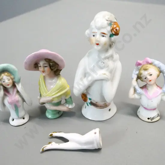 4 half dolls and a pair of legs - one marked Germany, tallest one marked Japan H-90