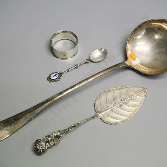 large sterling silver ladle or serving spoon L-330, napkin ring marked "s.silver", Delft teaspoon and a fancy cake slice