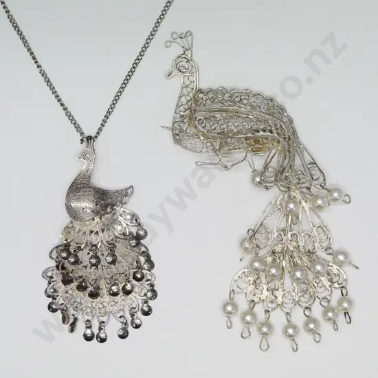 filagree peacock necklace & brooch