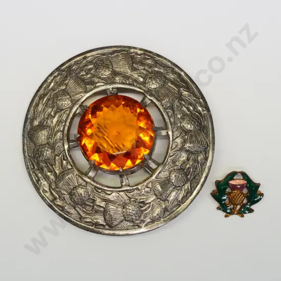 large amber Scottish brooch for a kilt & small thistle brooch