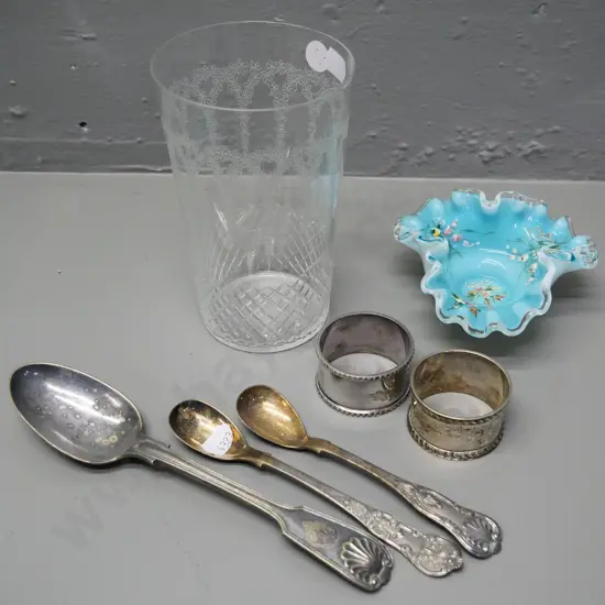 one sterling silver and one plated napkin ring, Venetian glass dish, vintage water glass & several plated cutlery items