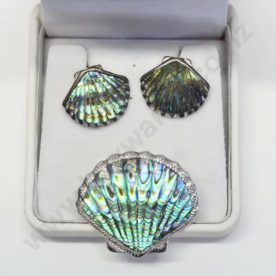 paua shell brooch & earring set stamped strling silver