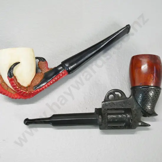 2 novelty smoker's pipes - revolver gun and one with claws or talons
