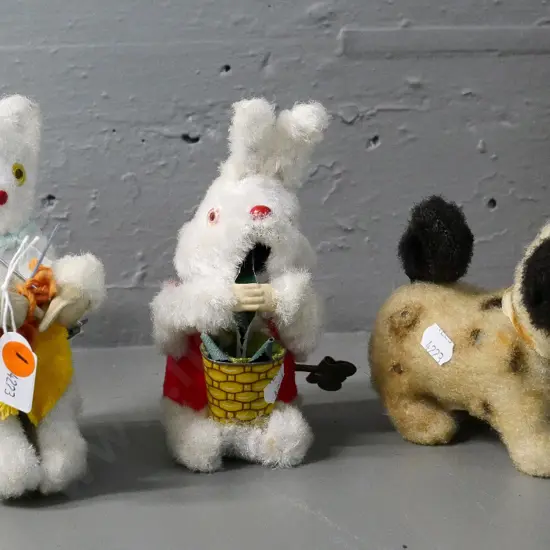 3 retro Japanese wind-up toys - Marx Toys dog, knitting cat, and munching rabbit - all with wear, mechanisms work