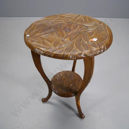 chip-carved leaf motif occasional table with lower shelf, tripod base H-630 Diameter-440