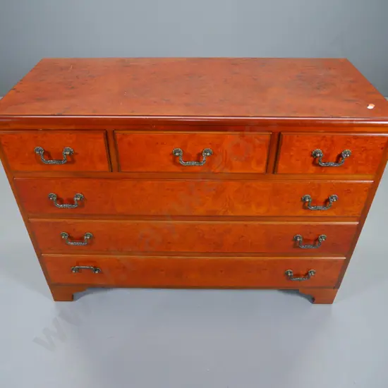 reproduction mahogany and burr walnut 6-drawer chest H-770 W-1080 D-440