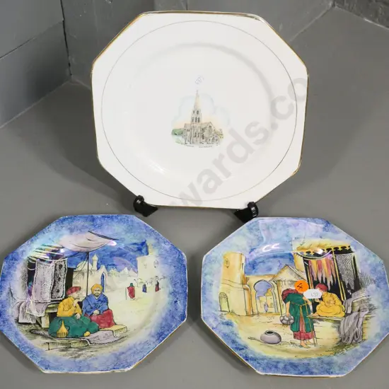 3 plates - Royal Stafford Christchurch Cathedral souvenir D-210 and 2 Grimwades Glimpses of the East