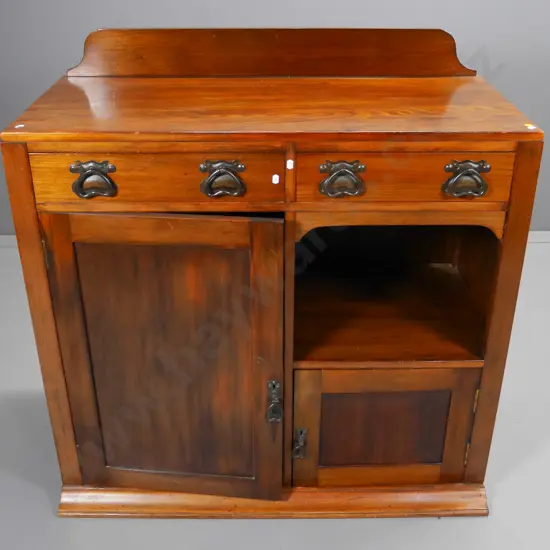 deco dark stained sideboard, 2 doors, 2 drawers, no finish on base ends, hole cut in back & shelf H1060 W1030 D460