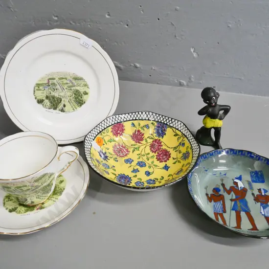 Queen's Park Invercargill souvenir trio, 2 Royal Doulton small bowls, one Titania pattern, small china figurine