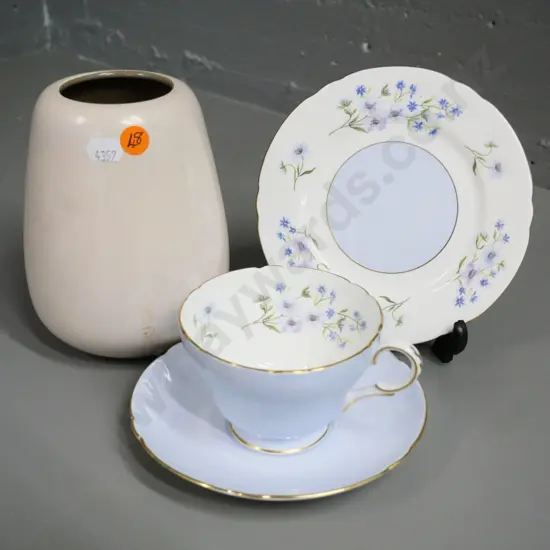 fawn and brown Poole vase H-160 and a Shelley trio