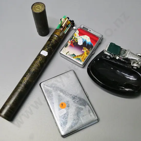 Lesney vintage car ashtray, NZ map theme cigarette case, Japanese theme cigarette case w/lighter, vintage wax taper tin