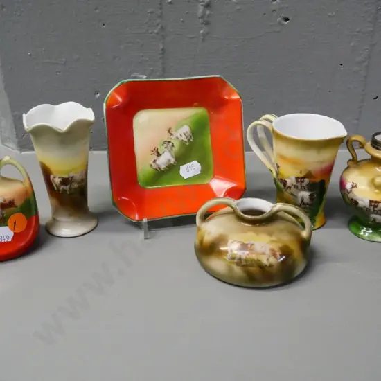 6 small Bayreuth china animal-themed items - 4 vases, jug and ash-tray, tallest is H-100