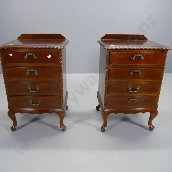 pair burr-walnut & mahogany rope-edged bow-front 4-drawer bedside chests w/ball & claw feet H680 W460 D410