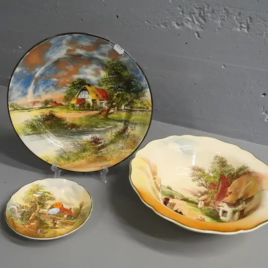 3 Royal Doulton English Countryside pieces - Stormy Sky plate, 2 Rustic England bowls, larger is D-240