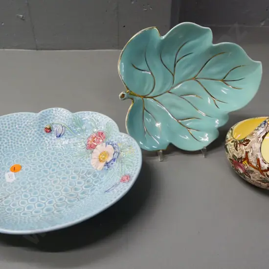 3 pieces of china - Melba Ware bowl L-230 W-210, Carlton Ware leaf dish, and a Maling basket