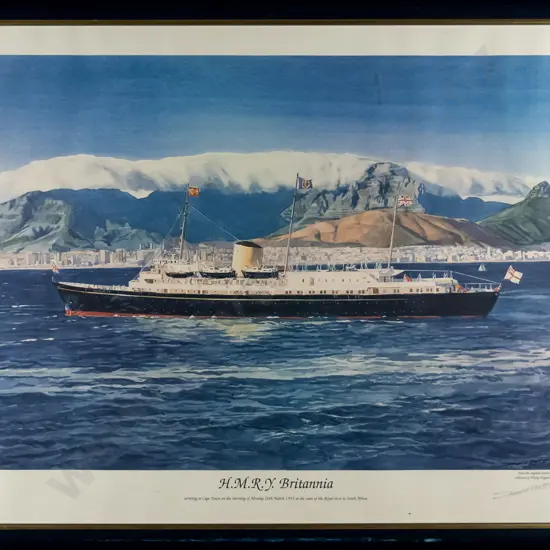 framed and signed David Hall-Green print  - HMRV Britannia H-350 W-530