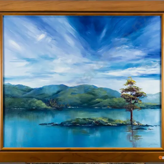 Julie Duncan - framed oil - lake scene H-490 W-590