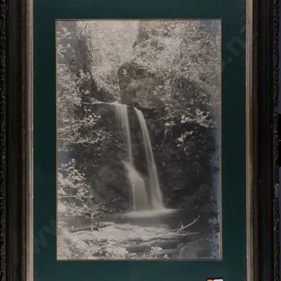 framed black and white photograph - waterfall (slivering to edges) H-370 W-255