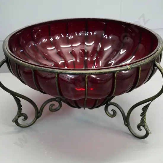 large claret-coloured glass bowl in metal stand H-210 Diameter 400