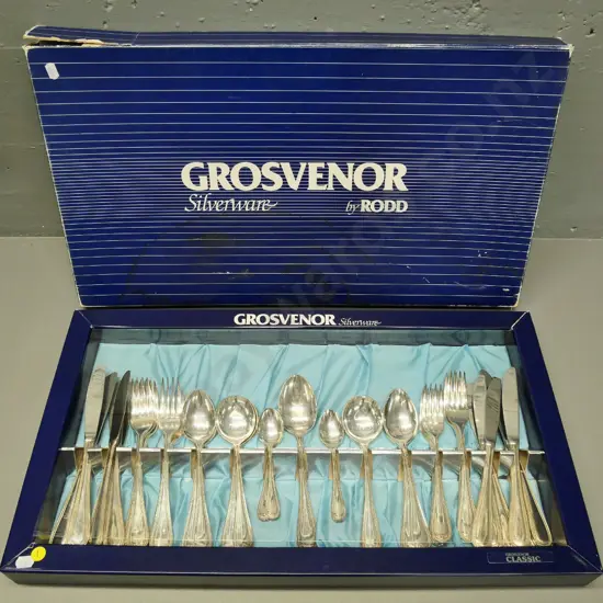 6-place setting Grosvenor/Rodd Classic pattern plated cutlery in original box