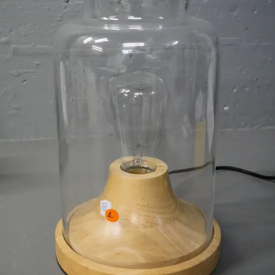 contemporary table lamp with glass chimney shade and turned wooden base H-300 Diameter 200 at base