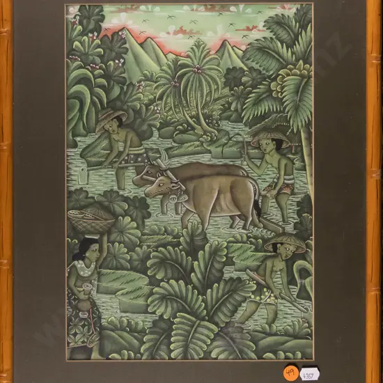 framed Balinese watercolour (purchased 1990 from street painter) H-320 W-220