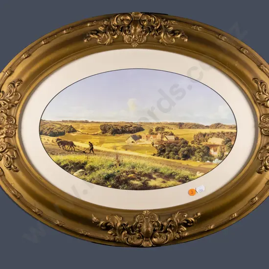 oval gilt framed print - farming scene H-240 W-390