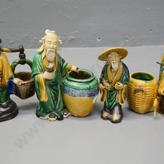 4 Chinese glazed "mud" figures - one is missing fishing rod. Tallest is H-130