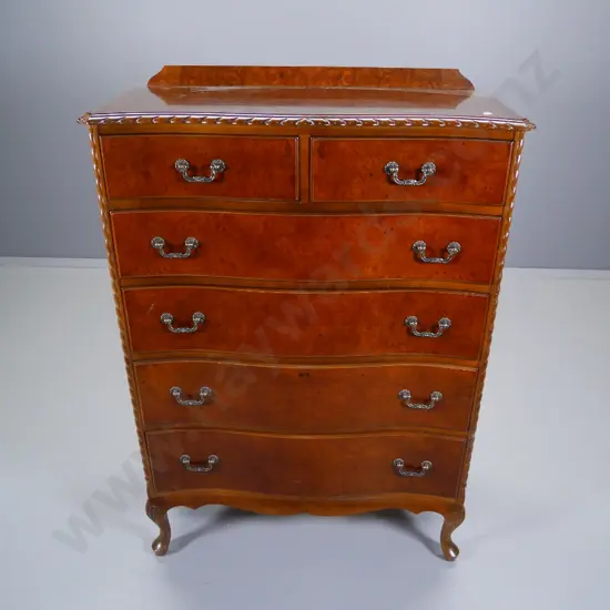 reproduction burr-walnut & mahogany rope-edged bow-front 6-drawer chest with ball & claw feet H-1150 W-800 D-430