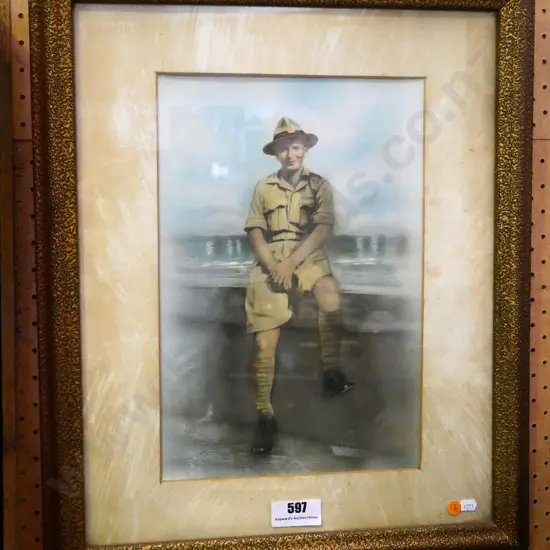 framed hand coloured photograph - portrait soldier H-370 W-240