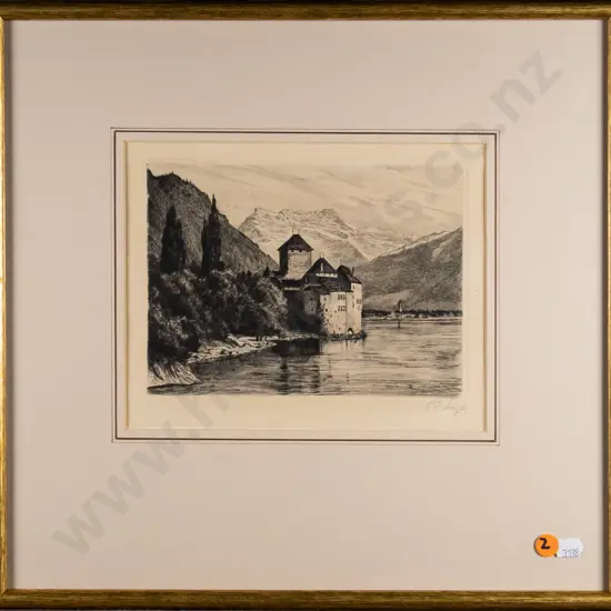 framed etching - Chillon Castle, Lake Geneva, Switzerland H-140 W-190