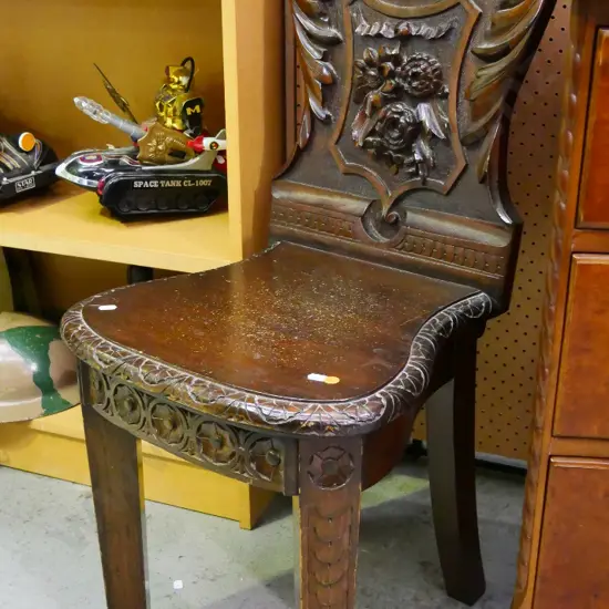 vintage hall chair with heavily carved back H-950 W-400 D-380