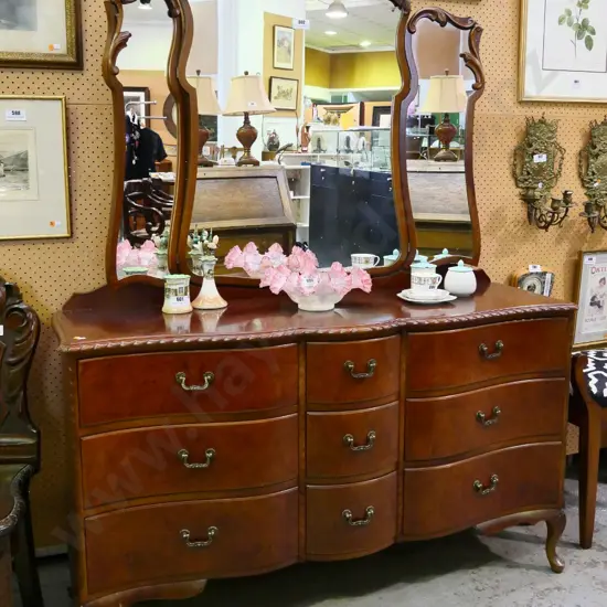 reproduction burr-walnut & mahogany rope-edged bow-front 9-drawer duchess, wing mirrors, claw&ball feet H1850 W1370 D430