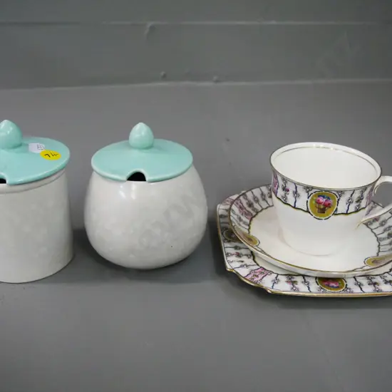 2 Poole pottery lidded jam pots and an Aynsley trio