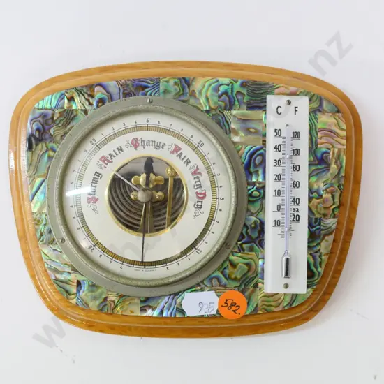retro Ataahua paua-faced timber cased wall barometer-thermometer H-140 W-170